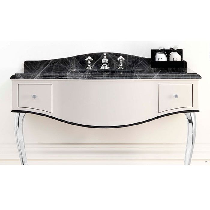Devon Audrey Консоль (111х57,5хh89,5/99,5см) мрамор NERO MARQUINHA c 3отв; корпус цвет:белый с кантом черн; ножки цвет: св.золото(без раков. SWINDON), артикул DEAUDRNMAOT/PWcprDB/LS-SWINDON/3F