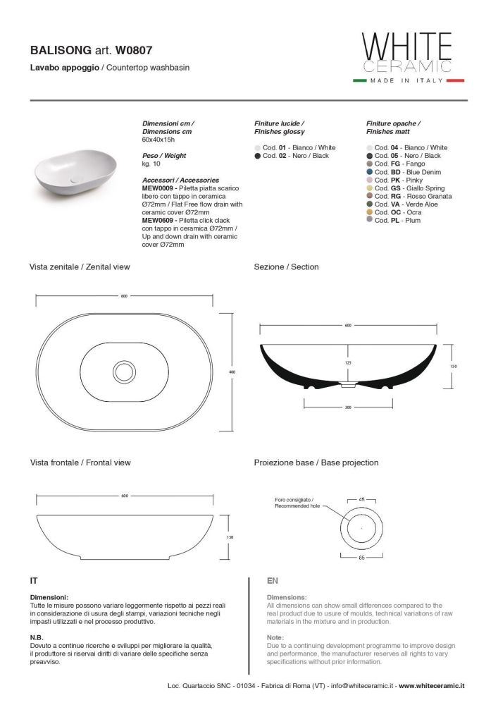 White Ceramic Balisong, накладная овальная раковина 60x40x15h см в комплекте с донным клапаном, цвет белый глянцевый, артикул W0807SET01/Balisong