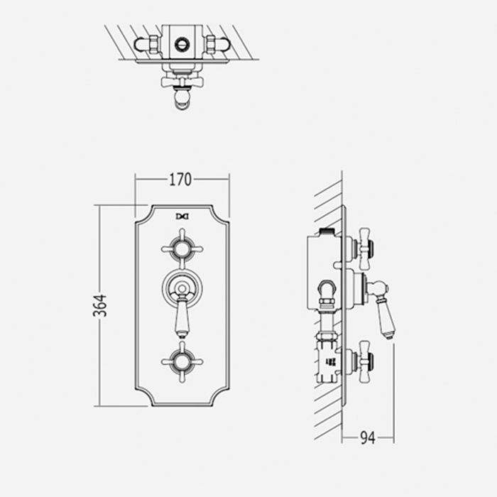 Devon Black Dandy Смеситель-термостат встроенный в стену, с переключателем на 2 выхода, c ручкой черной, цвет: никель блестящий