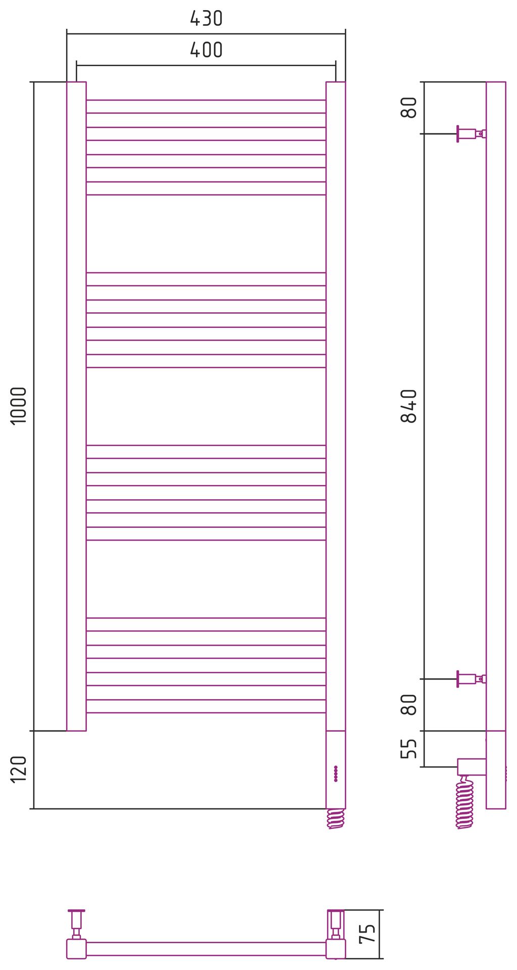 Полотенцесушитель электрический "МОДУС 3.0" 1000х400 / МЭМ правый (Сатин)