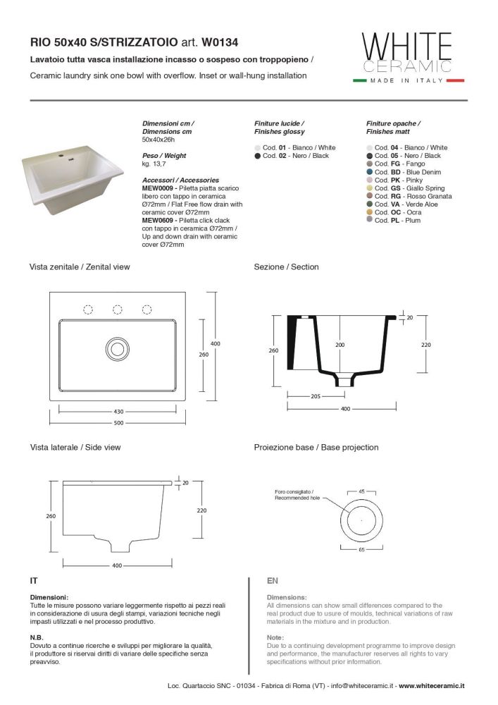 White Ceramic Rio, постирочная/хозяйственная раковина 50х40хh26 см, с отверстием под смеситель, цвет белый глянцевый, артикул W0134F01