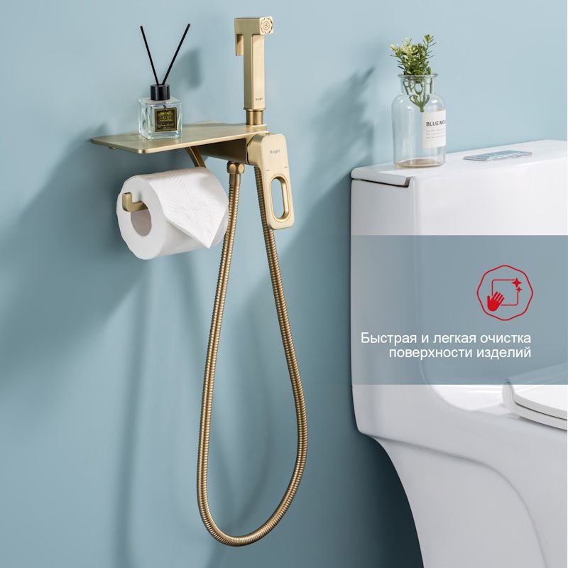 Гигиенический душ со смесителем встраиваемый с полкой и бумагодержателем Raglo R51.55.03, сатин золотой, артикул R51.55.03
