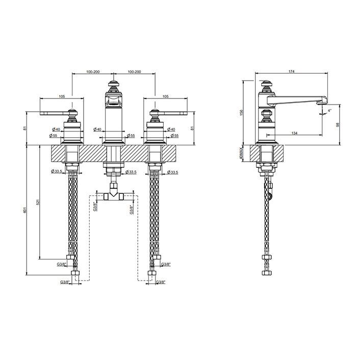 GESSI VENTI20 Смеситель для раковины на 3 отверстия, высота излива 98 мм., цвет Antique Brass