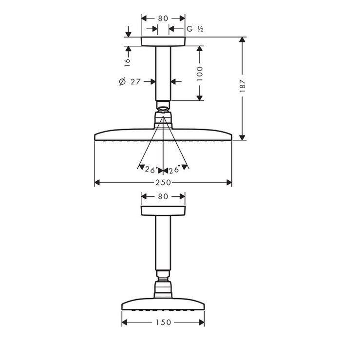 HG Raindance Е Верхний душ 1jet (RainAir), 250х150 мм, с потолочным держателем 100 мм, G1/2, цвет: хром HG Raindance Е Верхний душ 1jet (RainAir), 250х150 мм, с потолочным держателем 100 мм, G1/2, цвет: хром