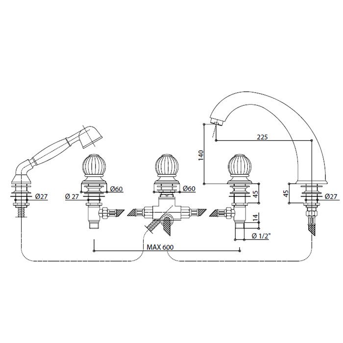 Bongio Rivoli Смеситель для ванны на 5 отв.с ручной лейкой , цвет хром/Emerald 07