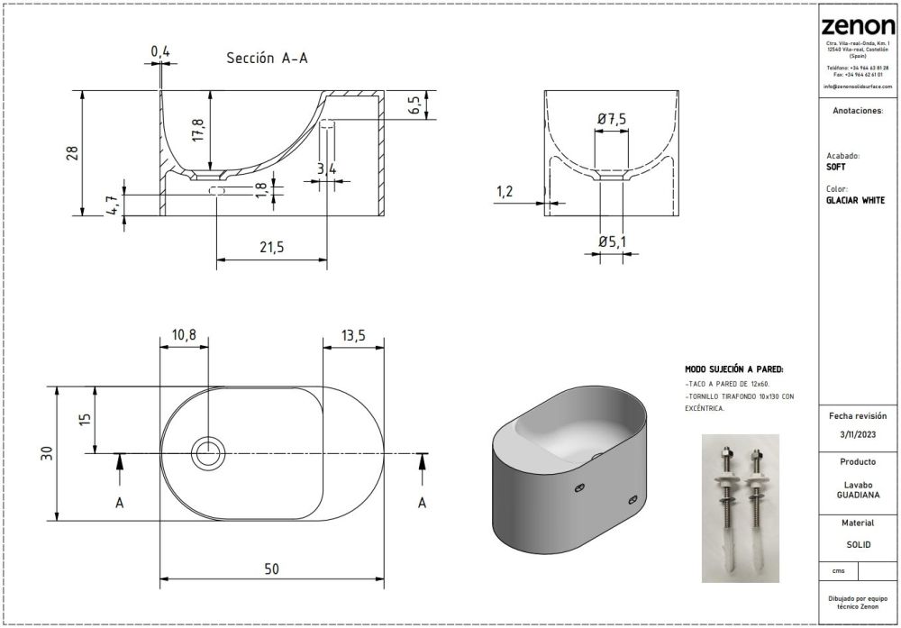 Zenon Guadiana, подвесная раковина закругленной формы, 50х30хh28 см, цвет белый матовый, артикул 4000.000.000.000.39674