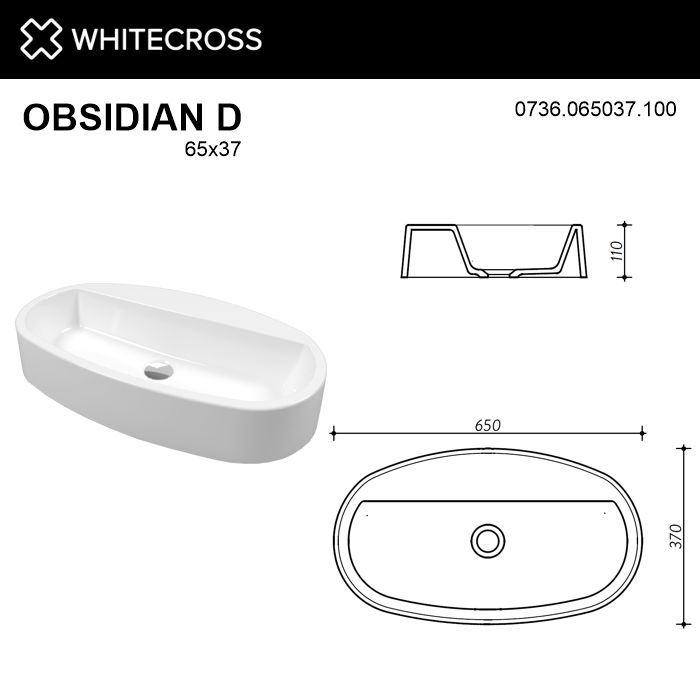 Умывальник WHITECROSS Obsidian D 65x37 (белый глянец) иск. камень Умывальник WHITECROSS Obsidian D 65x37 (белый глянец) иск. камень