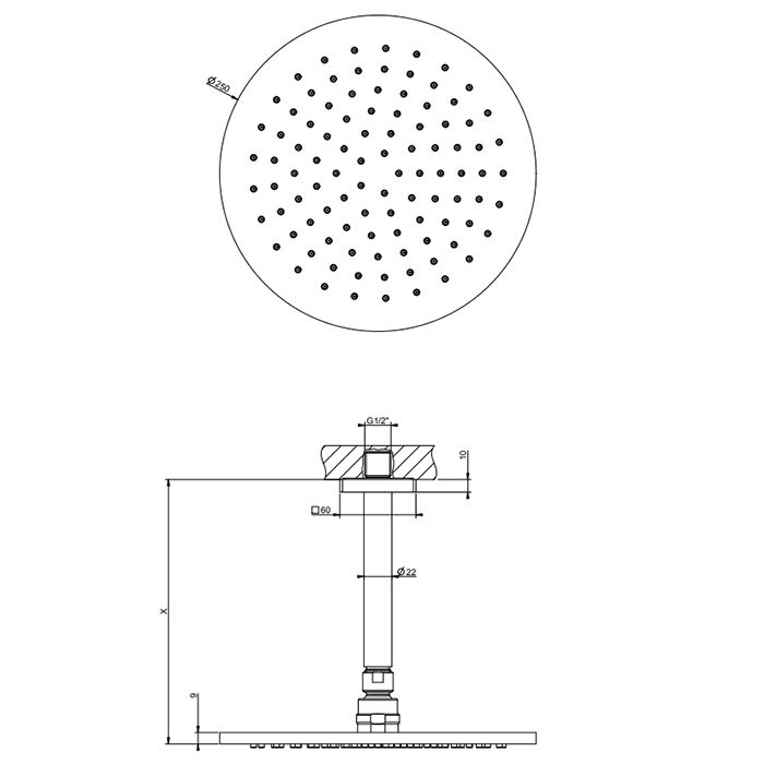 GESSI Rilievo Потолочная душевая головка шарнирная на 1/2'', Ø250мм, длина изгот. под заказ (105 - 1855мм), цвет: nero XL