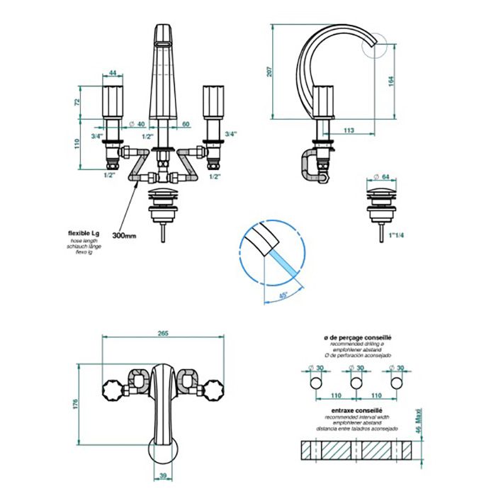 THG NIHAL METAL LISSE Смеситель для раковины на 3 отверстия, с донным клапаном, цвет хром