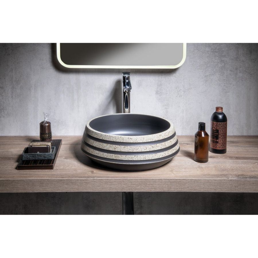 Керамическая раковина-чаша STONE PRIORI на столешницу, d41 см, высота 15 см, черный/камень, Sapho