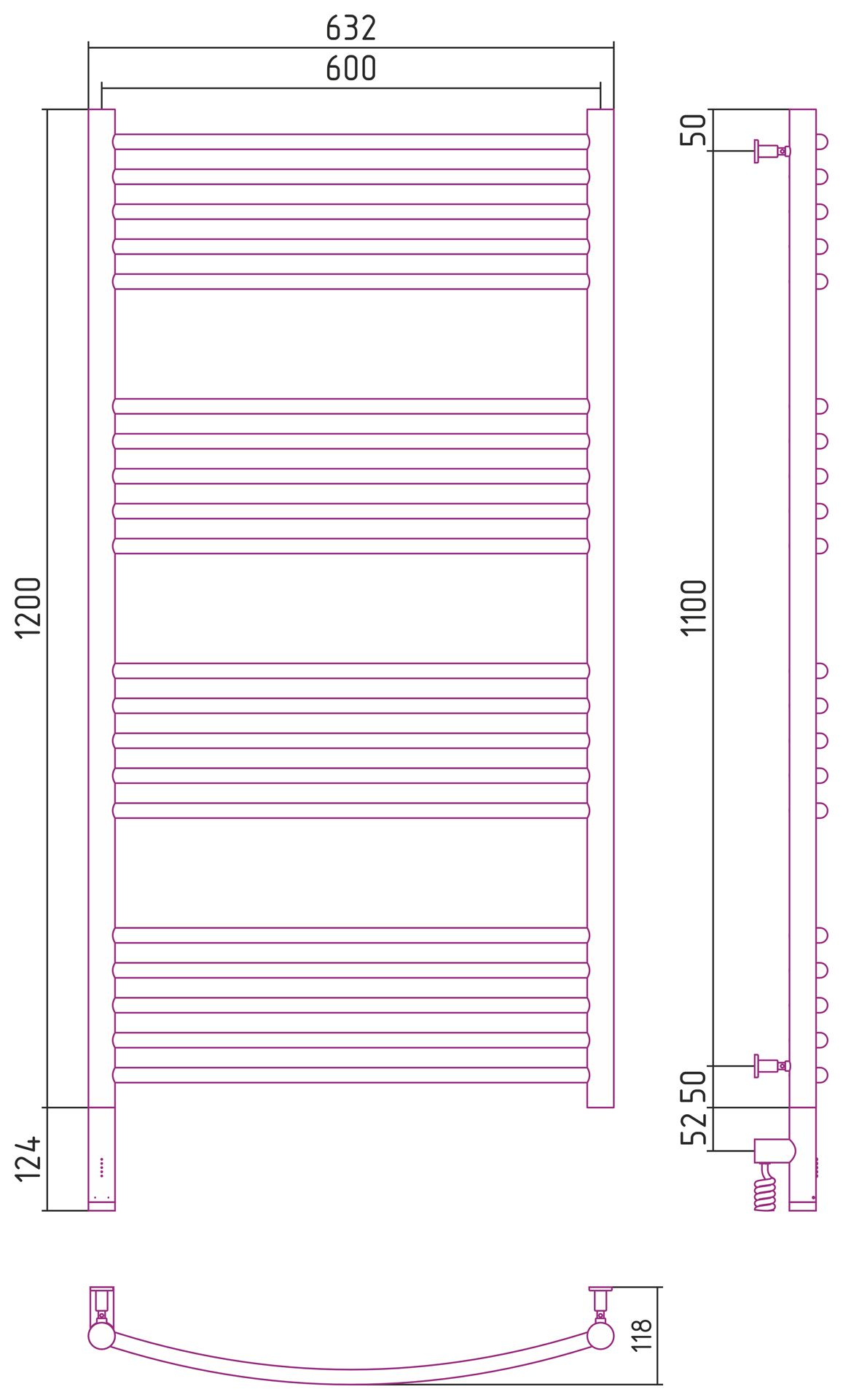 Полотенцесушитель электрический "БОГЕМА 3.0" 1200х600 / МЭМ левый (Сатин)