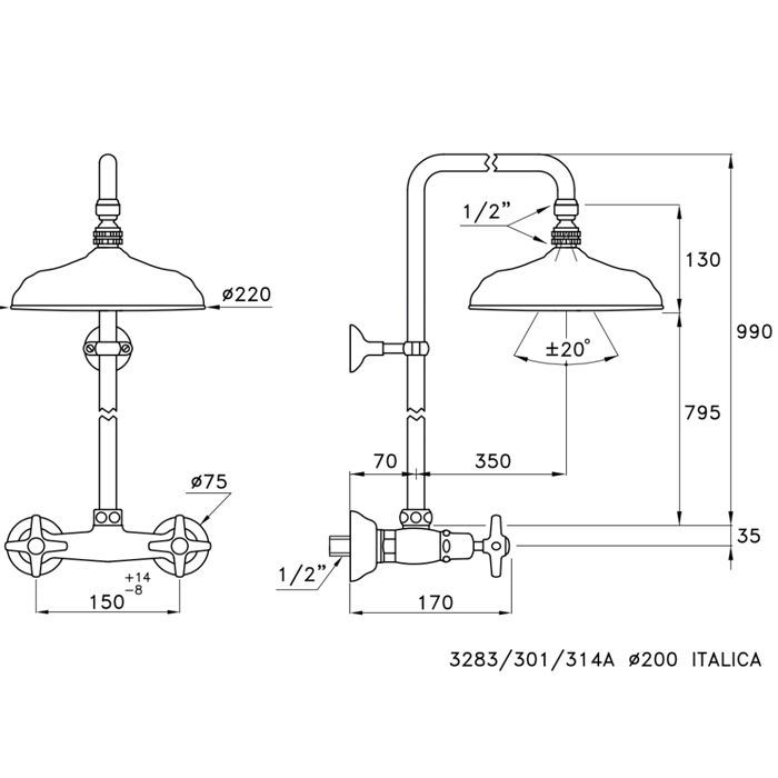 Stella Italica Душевой комплект 3283/301/314A-220: смеситель, штанга+верхний душ 220мм, цвет: хром