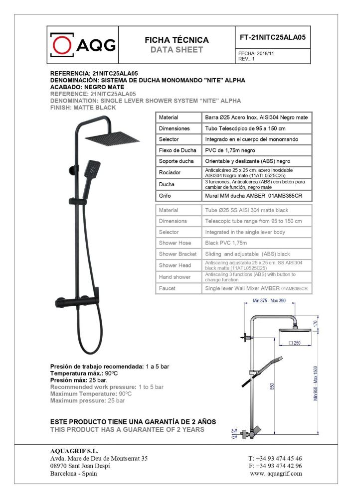 AQG Alpha, душевая колонна регулируемая по высоте 95-150 см, cо смесителем и квадратным верхним душем 25х25 см, цвет черный матовый, артикул 21NITC25ALA05