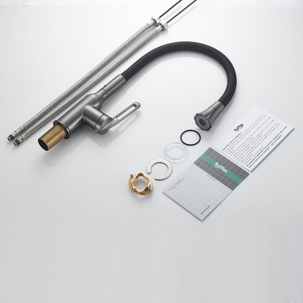 Смеситель для кухни с гибким изливом Raffine F303T-3, оружейная сталь