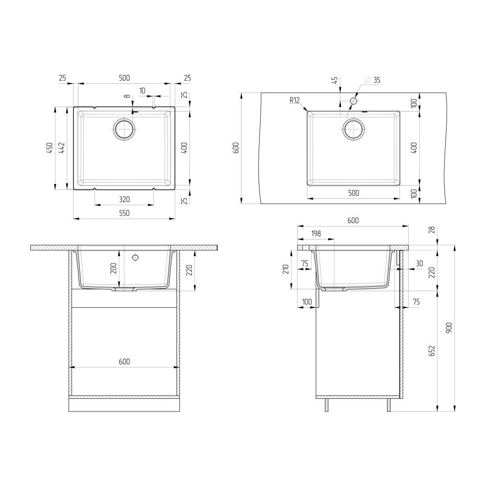 Кухонная мойка Ulgran Quartz Under 500-08, космос, артикул Under 500-08