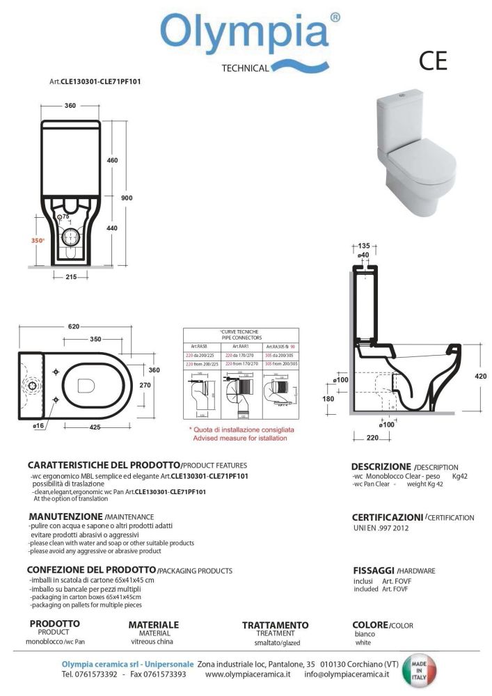Olympia Clear, комплект унитаз CLE1303+ бачок с мех. смыва CLE71PF1+ сиденье микролифт C5CN, цвет белый глянцевый, артикул CLESET13M01