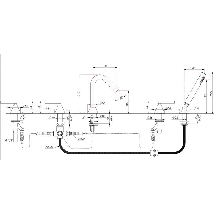 Nicolazzi Flag  Смеситель на борт ванны на 5 отв, с ручной лейкой, цвет хром