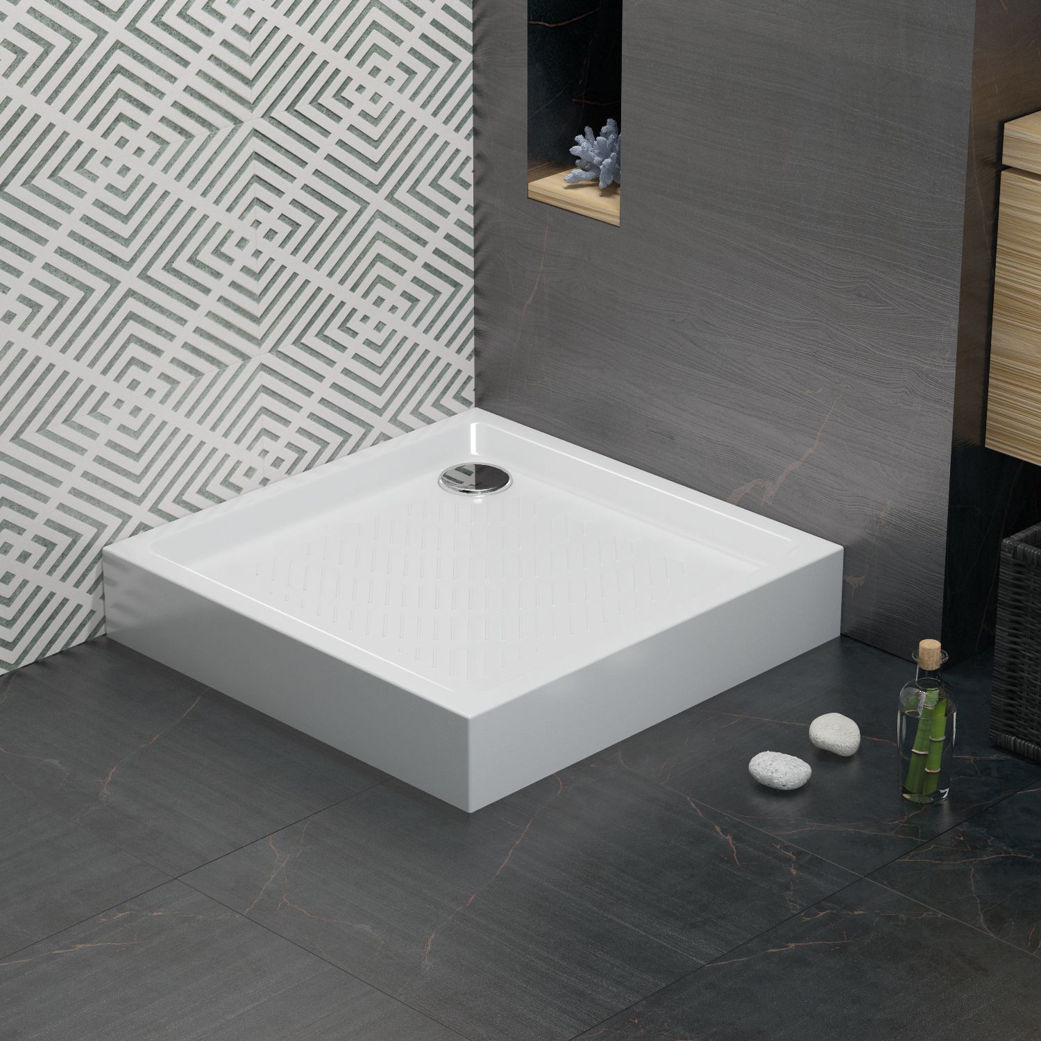 Комплект квадратного душевого поддона с сифоном Lavinia Boho Rock 3707490S, 90 х 90 см