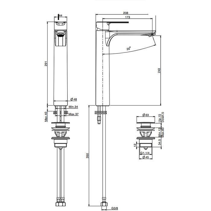 Fima Carlo Frattini Mast Смеситель для раковины, на 1 отв., высокий h: 29.1см., без донного клапана, цвет: золото