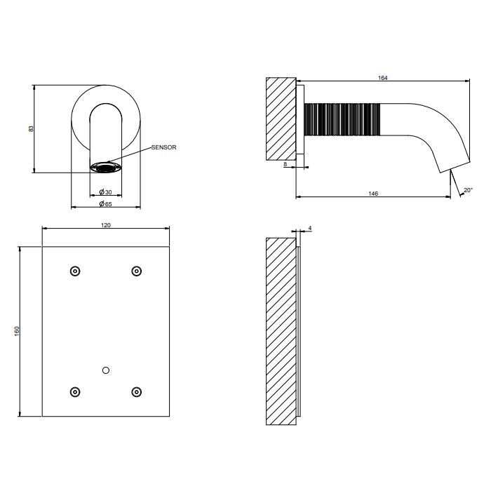 GESSI 316 TRAME Смеситель для раковины настенный, электронный, излив 146 мм., внешняя часть, цвет Steel Brushed