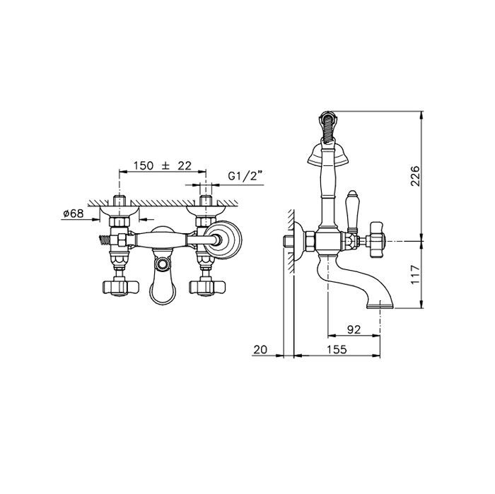 Nicolazzi Dames Anglaises Смеситель для ванны на 2 отверстия, с ручным душем, ручки белая керамика, цвет: бронза, артикул 1401BZ18