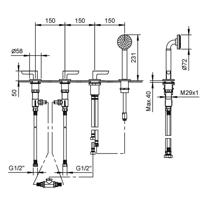 Fantini Icona Deco Смеситель на борт ванны, 4 отв., без излива, с ручн.душем, цвет: хром