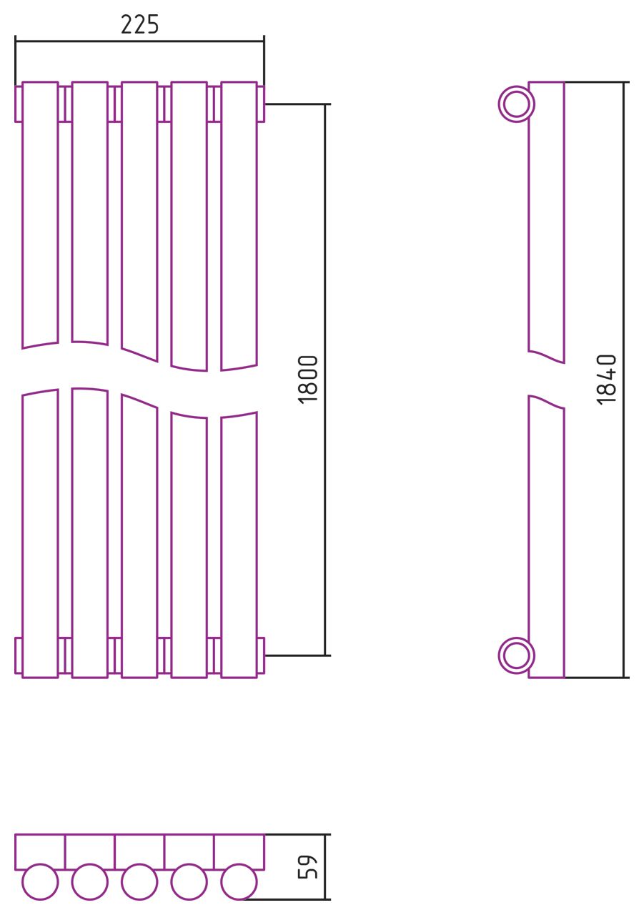 Отопительный радиатор ЭСТЕТ-1 н/ж 1800х225 / 5 сек (Без покрытия)