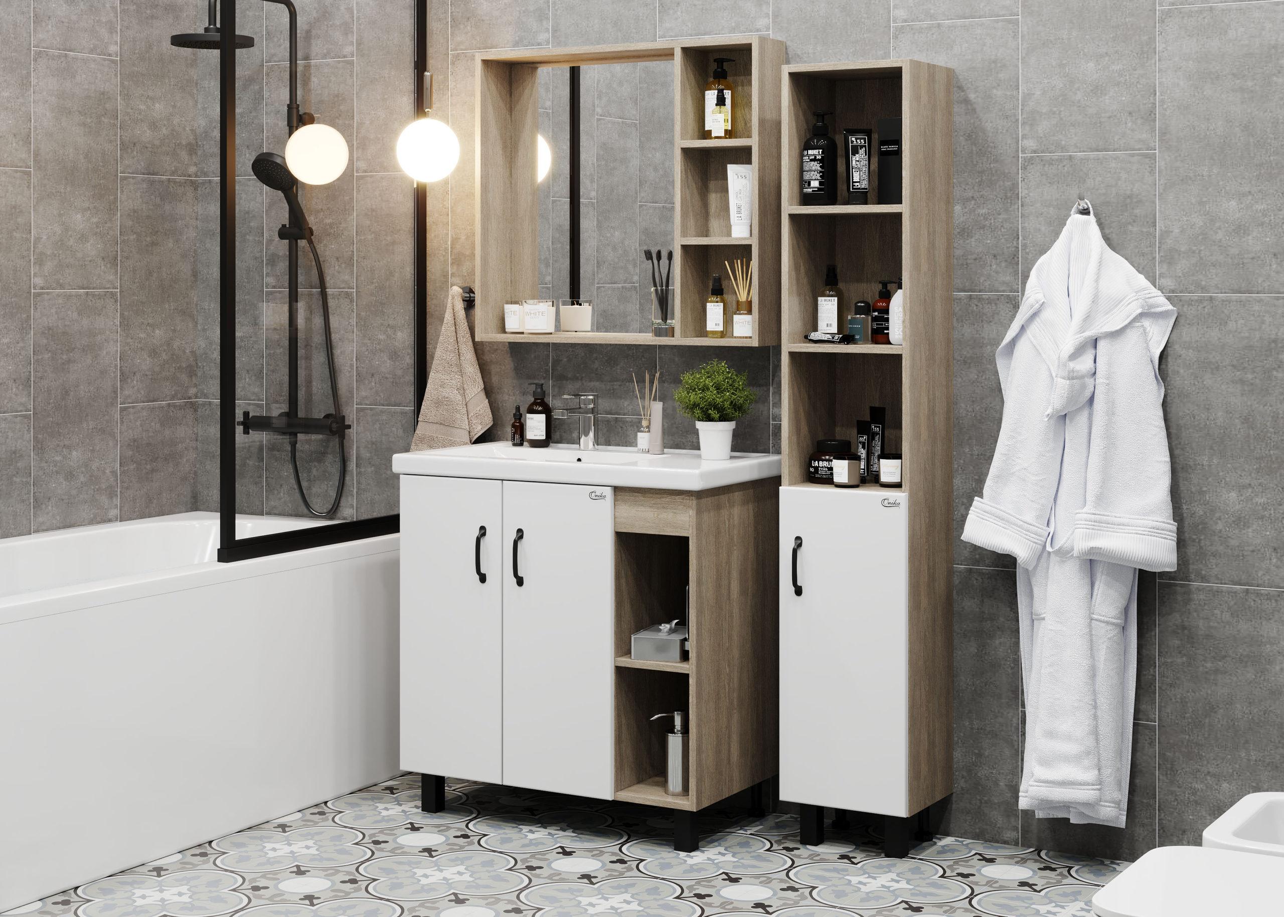 Тумба Onika Тимбер 80 напольная, белая мат./дуб сонома, правая (ум. Фостер 80 Пр.), артикул 108045