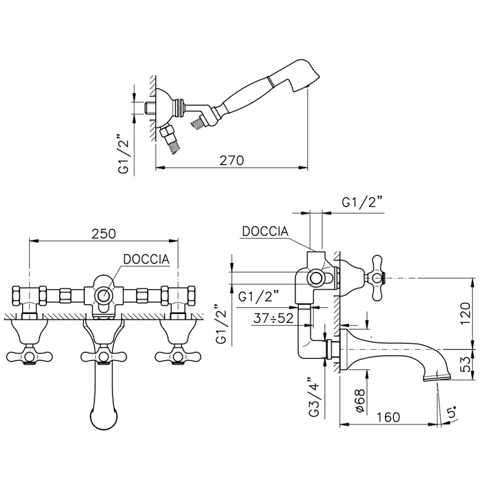 Nicolazzi Nuova Brenta Смеситель для ванны трехвентильный  встраиваемый, с душевой лейкой, излив: 160 мм, цвет: хром