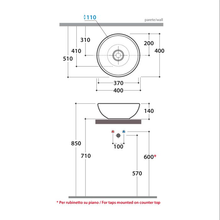 Globo Le Pietre Раковина накладная круглая 40*h14см, с донным клапаном, цвет Peperino grigio