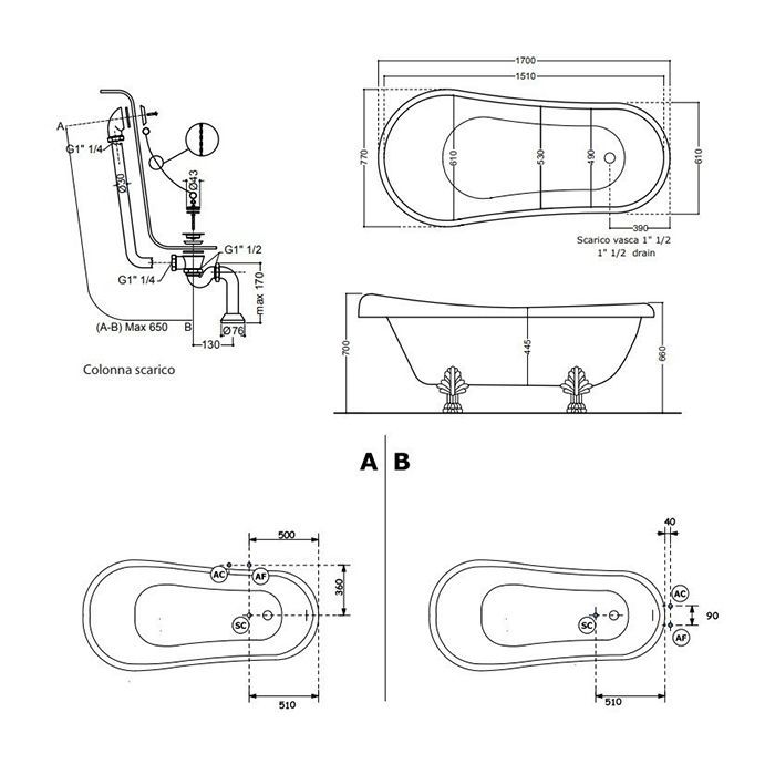KERASAN Retro Ванна акриловая 170х77см, цвет белый, ножки, сифон и слив-перелив в комплекте, цвет  хром