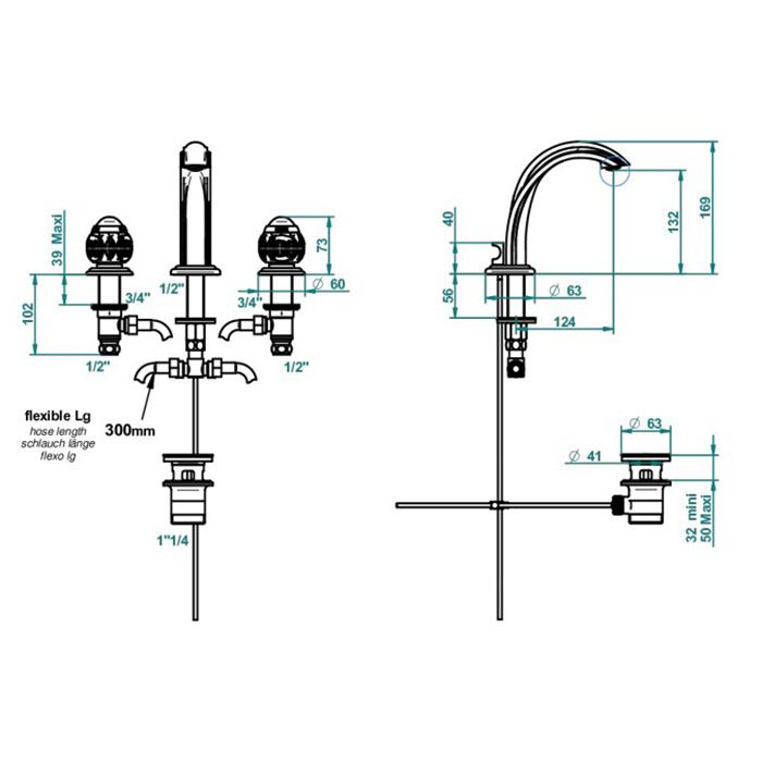 THG PANTHERE CRISTAL NOIR Смеситель для раковины на 3 отверстия, с донным клапаном, цвет Soft gold