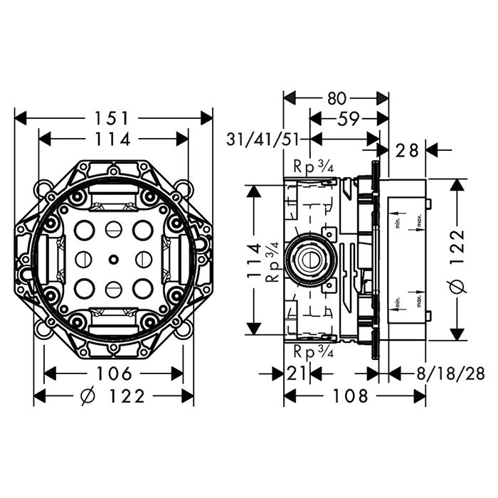 Внутренняя часть, Hansgrohe, iBox universal, назначение-для смесителя, стандарт подвода воды-1/2", комплектация- уплотнитель, 1 заглушку 3/4", артикул 01800180