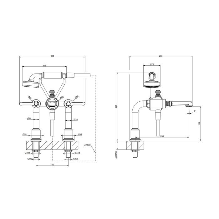 GESSI VENTI20 Смеситель для установки на борт ванны на 2 отверстия, двухвентильный, с ручным душем и шлангом 1500 мм., цвет Finox Brushed Nickel