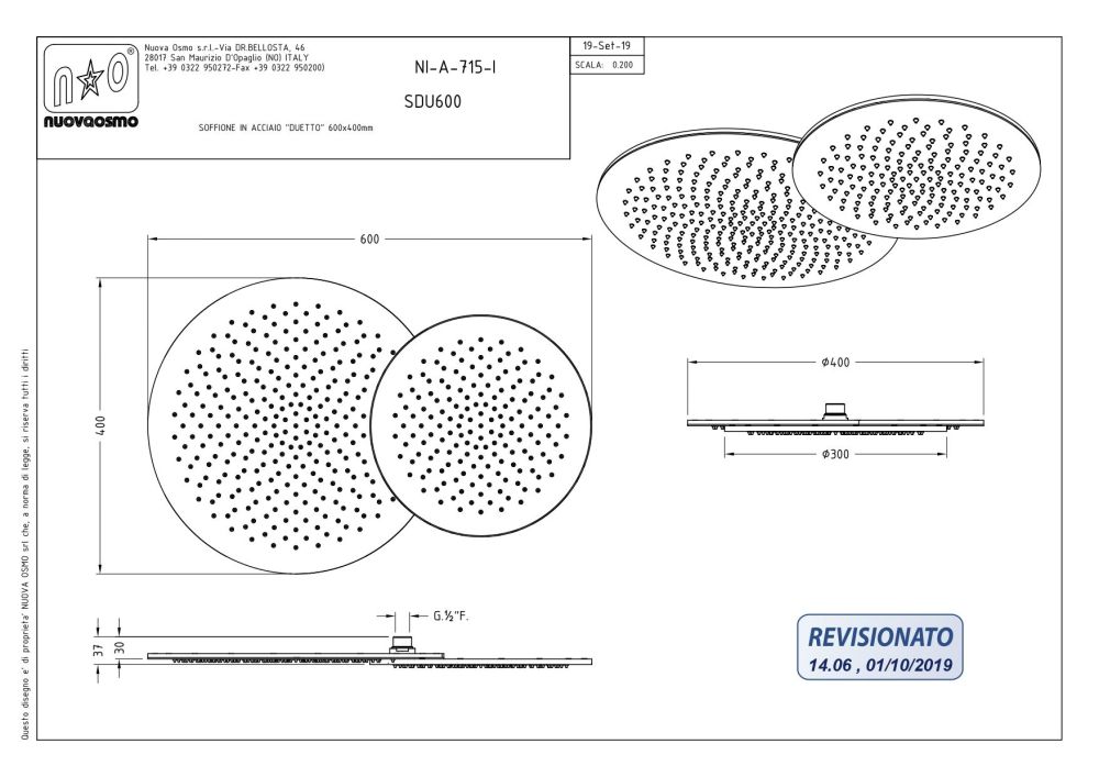 Graffio Duetto, две совмещенные круглые головки верхнего душа 60/40 см с настенным кронштейном 50 см, цвет хром, артикул KSDU600/CR