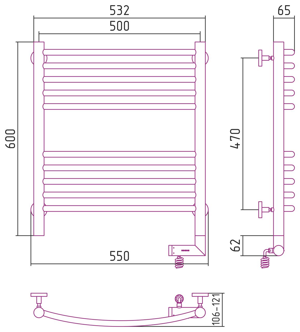 Полотенцесушитель электрический "БОГЕМА 2.0" 600х500 / МЭМ правый (Без покрытия)