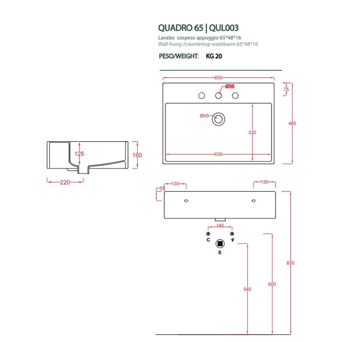 Раковина, Artceram, Quadro, ширина, мм-650, глубина, мм-480, высота, мм-160, тип установки-подвесной/накладной, отверстия для смесителя-1 сквозное, 2 промаркированных, перелив-есть, без декора, материал-керамика, без креплений, цвет-Glossy White