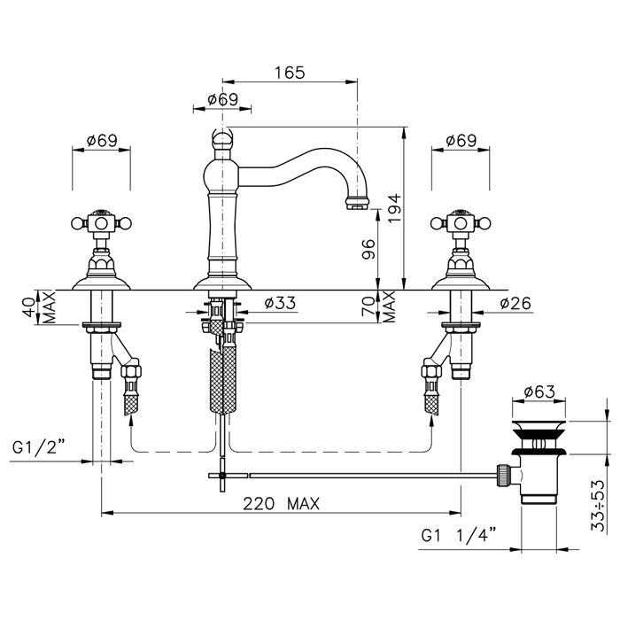 Nicolazzi Half Dome Crystal Смеситель для раковины на 3 отверстия, излив: 165 мм, цвет: хром, артикул 1409CR93