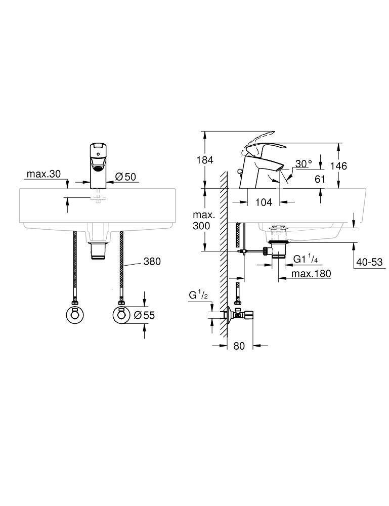Смеситель для раковины GROHE Eurosmart New с угловыми вентилями (2 шт.) и донным клапаном, хром (23588000) Смеситель для раковины GROHE Eurosmart New с угловыми вентилями (2 шт.) и донным клапаном, хром (23588000)