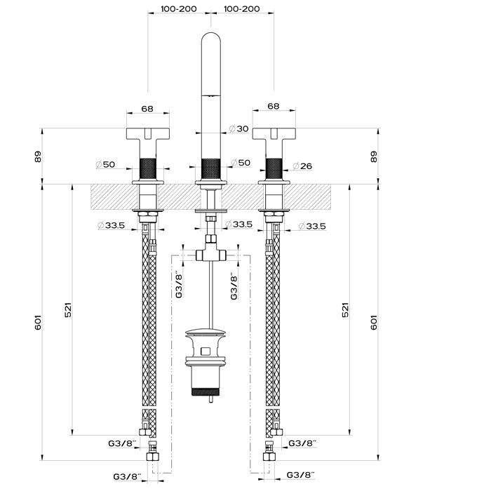 GESSI INCISO Смеситель для раковины на 3 отверстия с донным клапаном, излив 160мм, h=240мм, цвет: nero XL