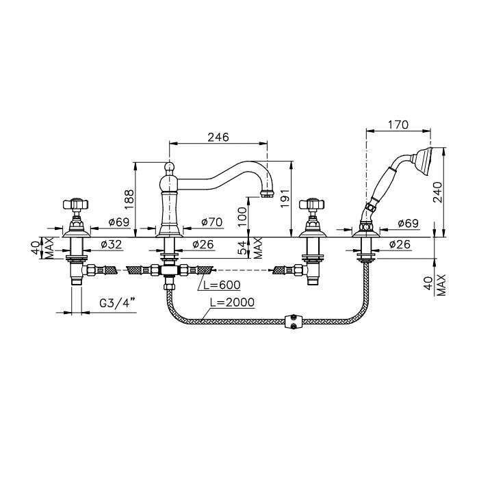 Nicolazzi P.M.Blancl Смеситель на борт ванны с душем на 4 отверствия, излив: 246 мм, цвет: хром, артикул 1449CR78