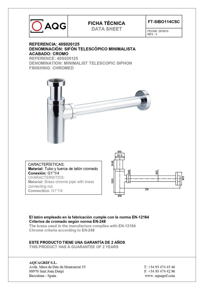 AQG, круглый сифон MINIMALISTA 1”1/4 из латуни, цвет хром, артикул 40S020125