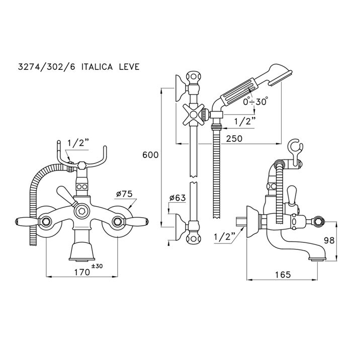 Stella Italica Leve Смеситель для ванны 3274/302/6 со штангой и ручным душем, цвет: хром