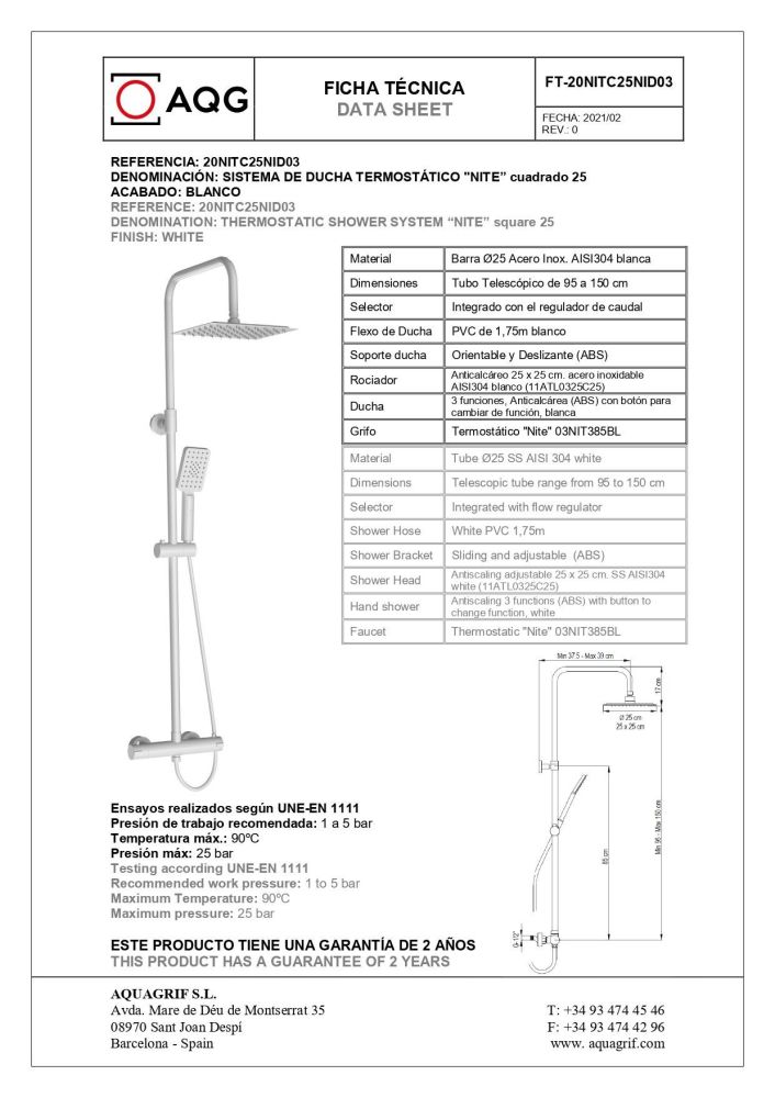 AQG Nite, душевая колонна регул. по высоте 95-150 см: c термостатом и квадратным верхним душем 25х25 см, цвет белый матовый, артикул 20NITC25NID03
