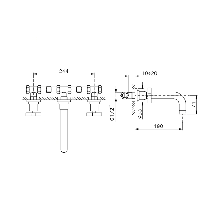 Nicolazzi Mac Kinley 05 Смеситель встраиваемый для раковины на 3 отверстия, излив 190мм, с внутр. частью, цвет: хром