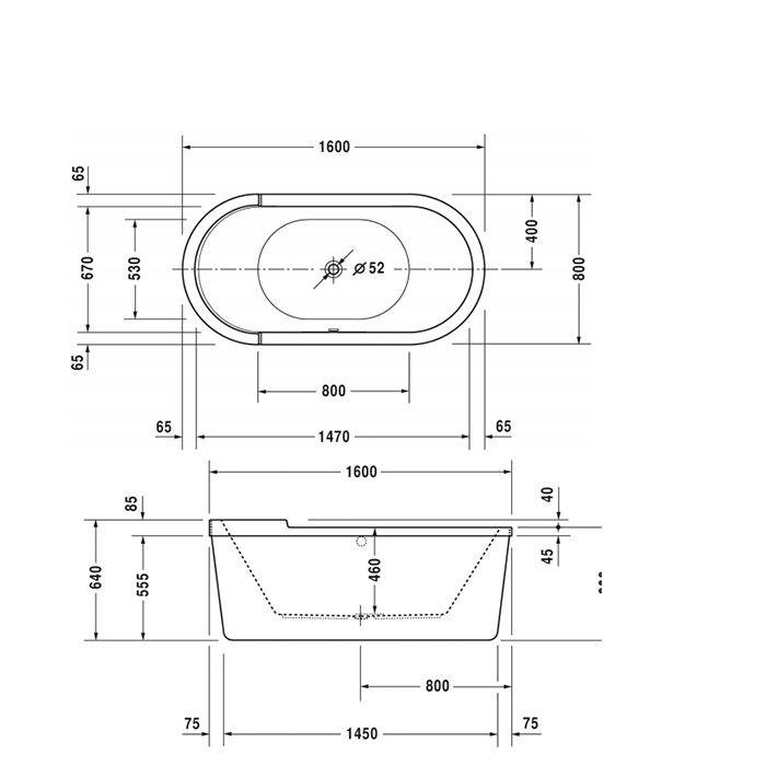 Duravit Starck Ванна 1600х800 мм, аквриловая отдельностоящая, с  акриловой панелью  и ножками, с одним наклоном для спины.