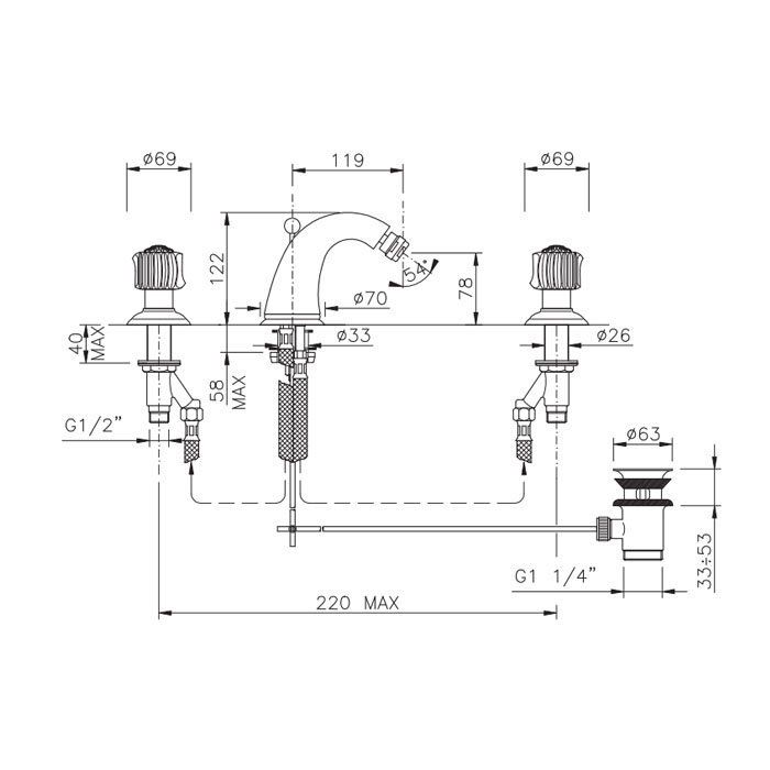 Nicolazzi Onice Смеситель для биде на 3 отверстия, излив: 119мм, цвет: золото