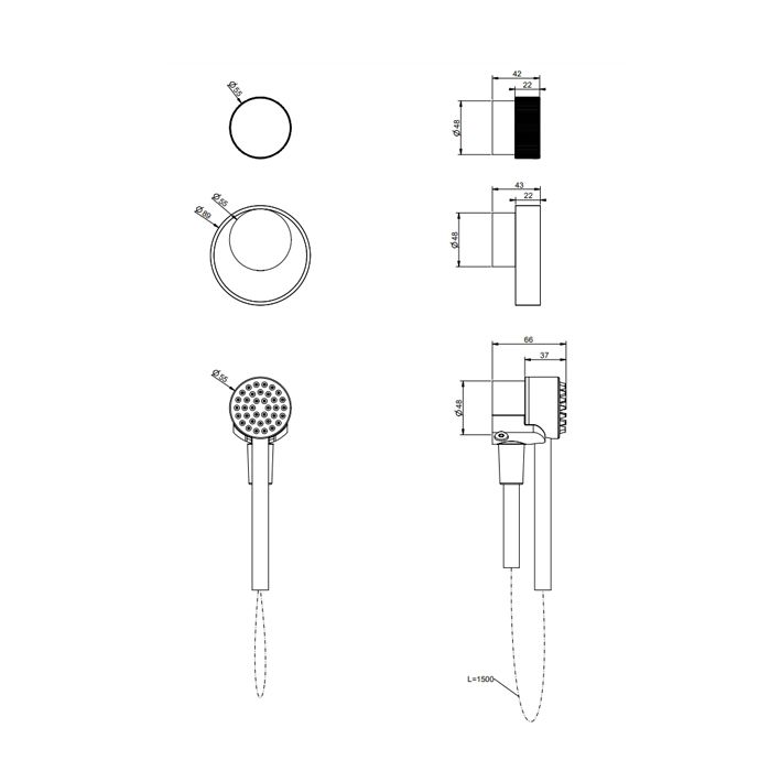 GESSI OUTDOOR Набор для душевой стойки 63207: ручка смесителя, ручка переключателя, ручной душ и шланг 1500 мм., цвет Black XL