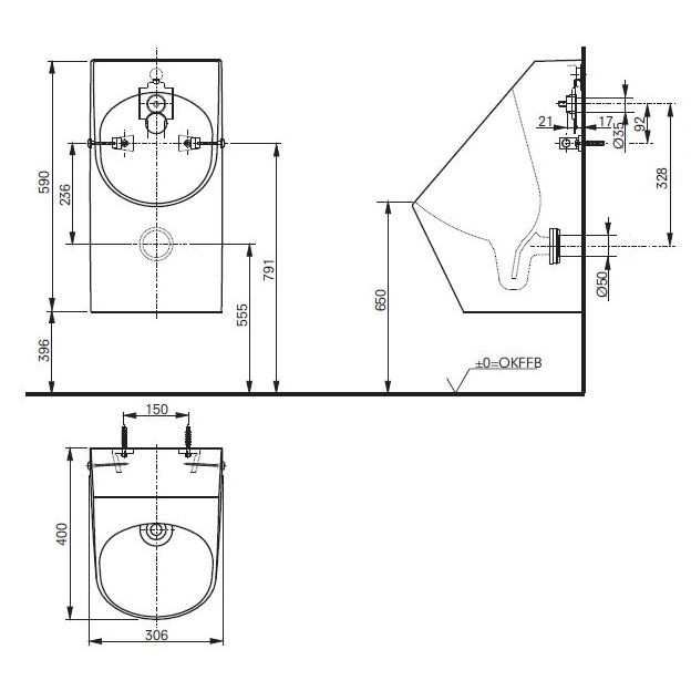TOTO PUBLIC Писсуар 306x400x590мм, с креплением к стене, со встроенным сифоном, выпуск в стену, подача воды из стены, CeFiONtect, цвет: белый