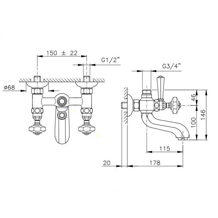 Nicolazzi Teide Смеситель для ванны на 2 отверстия, с переключателем ванна/душ, вывод сверху 3/4" (для душ. стойки), цвет: бронза